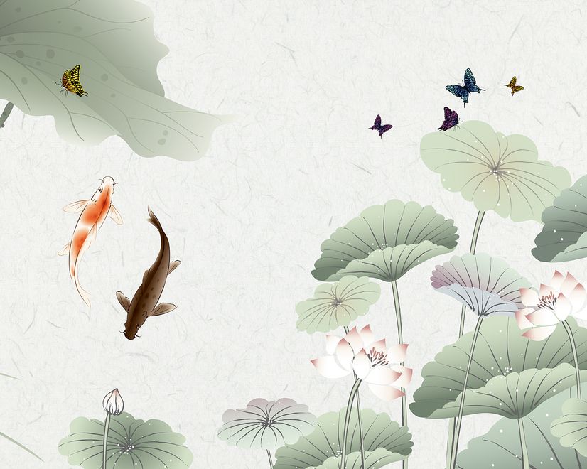 Watercolor Lotus Flower and Butterflies Wallpaper Mural