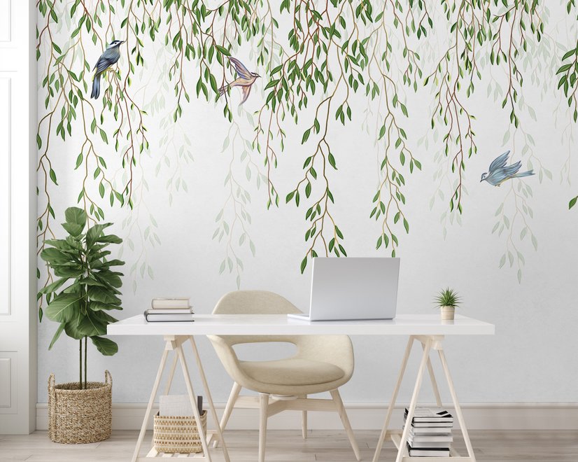 Green Hanging Leaves with Colorful Birds Wallpaper Mural