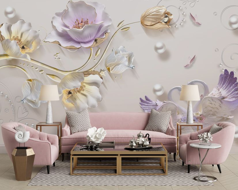 3D Embossed Look Tulip Floral with Swan Wallpaper Mural