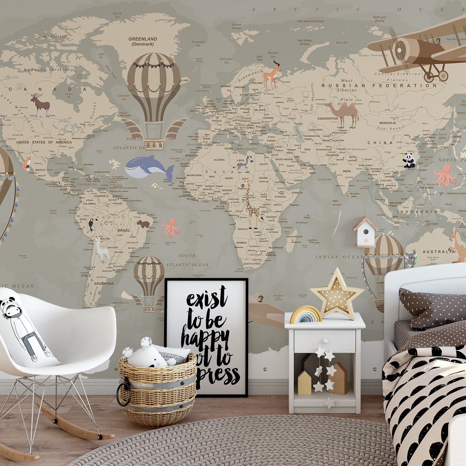 Kids Soft Brown Political World Map with Drawing Animals Wallpaper Mural - Peel and Stick