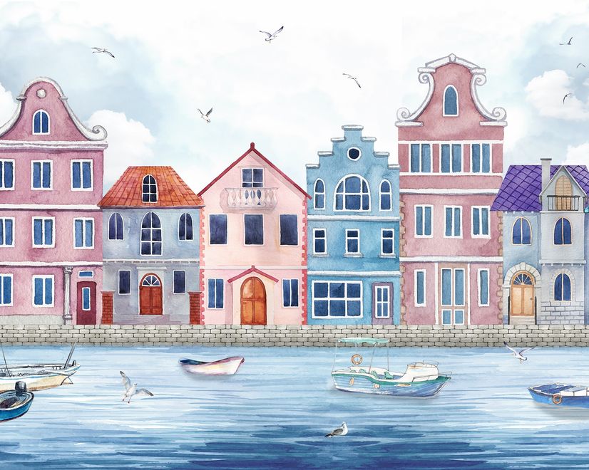 Watercolor Dutch Houses Wallpaper Mural for Kids