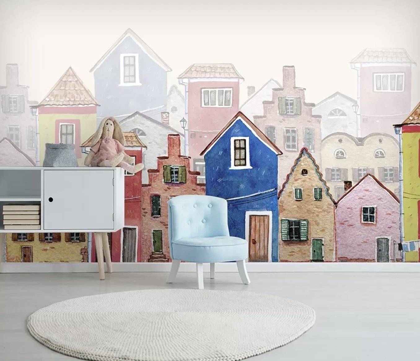 Watercolor Cartoon Town Street Wallpaper Mural - Peel and Stick
