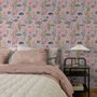 Cute pink seashell wallpaper with watercolour reef fish, coral, seaweed, starfish and shells on blush pink