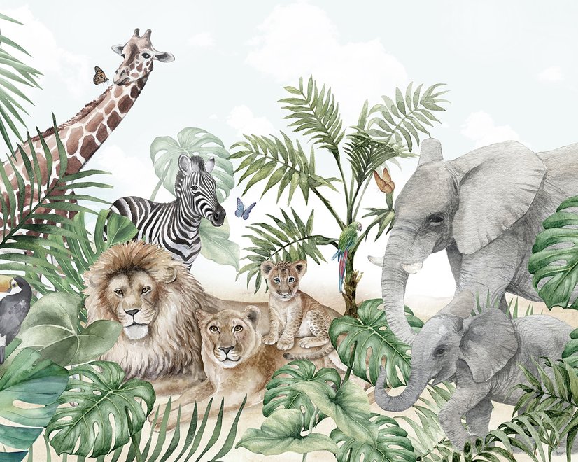 Papier peint animaux tropicaux avec feuilles pour enfants