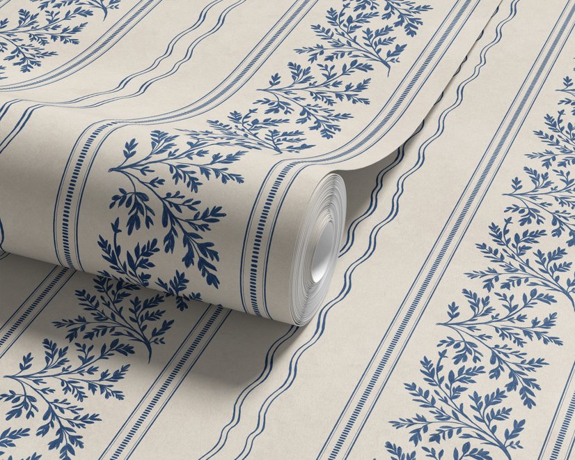 Blue wallpaper with indigo botanical stripework, pinstripes and dotted borders on warm cream parchment