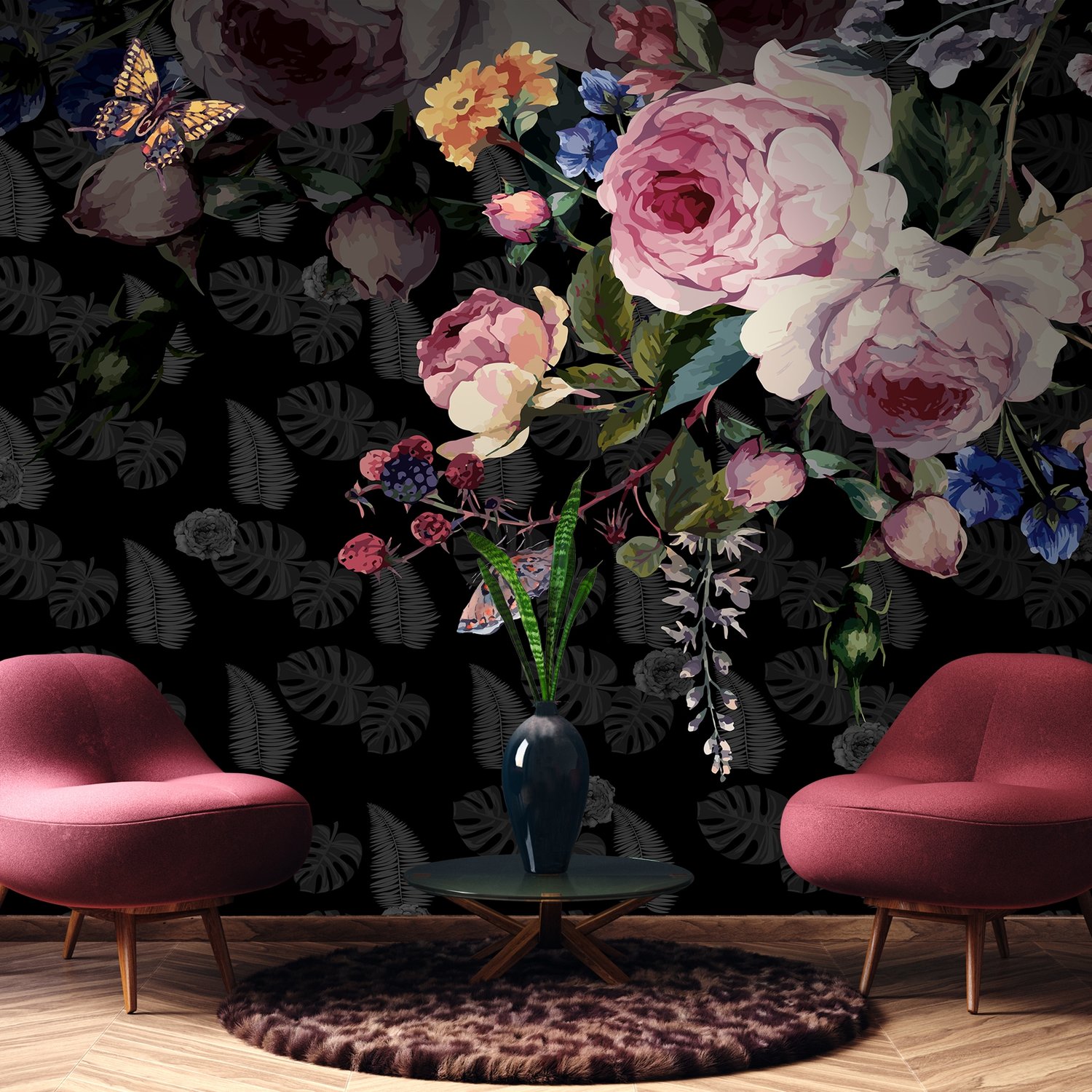Dark Pink Flowers and Yellow Butterfly Wallpaper Mural - Peel and Stick