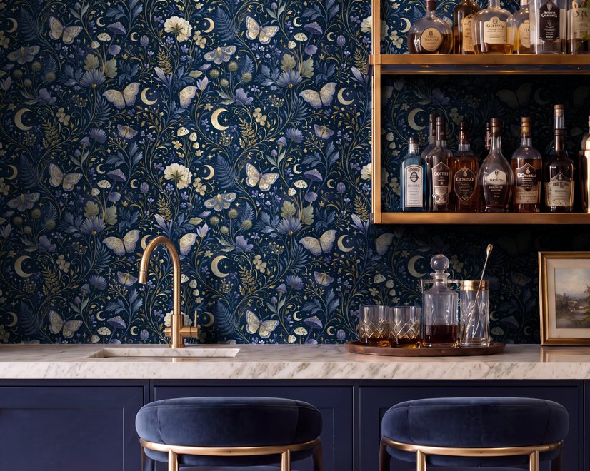 Midnight navy moody botanical wallpaper with lavender butterflies, ivory moons, gold stars, flowers and mushrooms