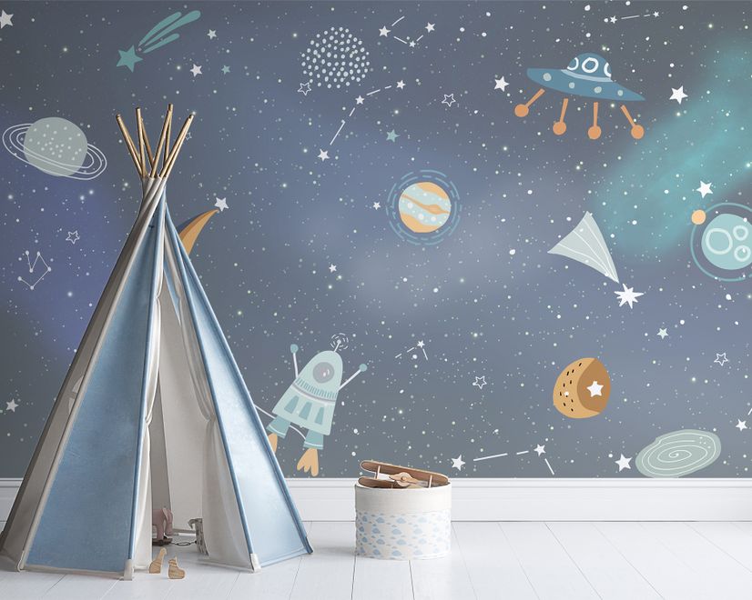 Kids Cartoon Space with Colorful Planets and Little Stars Wallpaper Mural