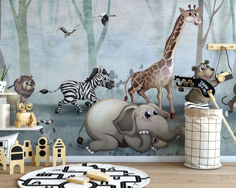 Cartoon Wild Animals and Forest Wallpaper Mural