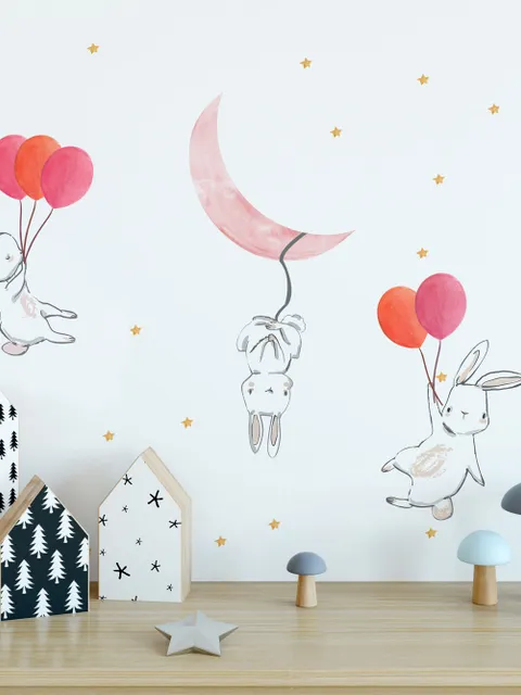 Kids Cartoon Rabbits with Colorful Balloons and Moon Wall Decal Sticker