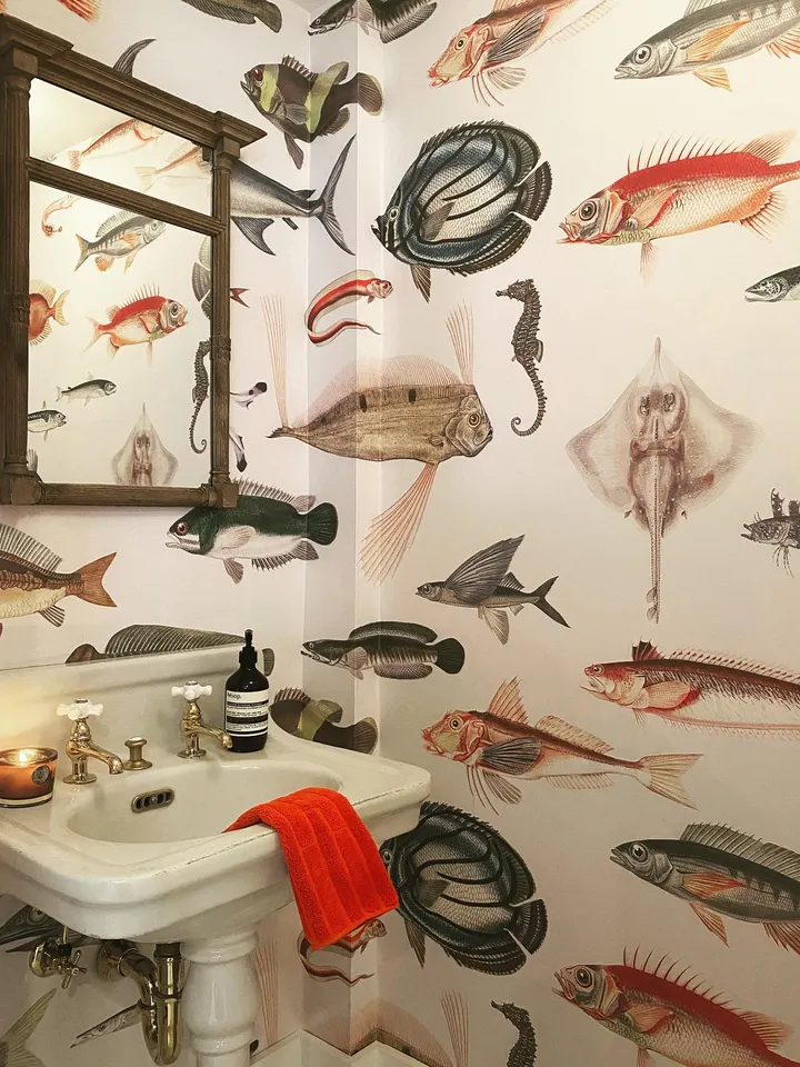 Vintage Style Aqua Fish Art Wallpaper Mural