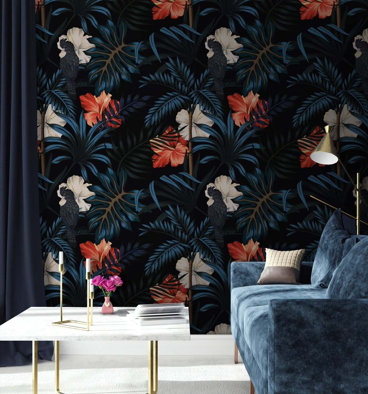 Exotic Leaves with Birds Wallpaper Mural - Peel and Stick