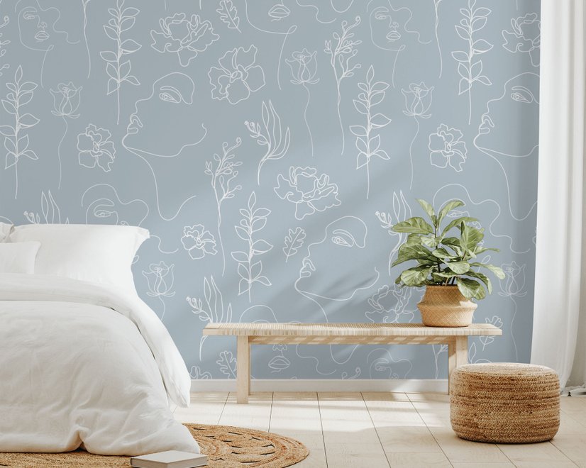 Soft Woman Face with Floral Drawing Line Art Wallpaper Mural