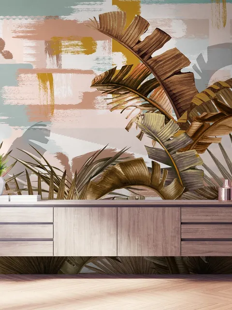 Papier peint panoramique avec peinture de feuilles tropicales et coups de pinceau