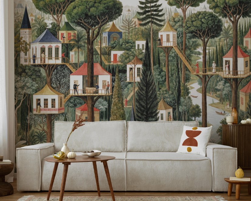 Architectural design wallpaper mural of forest treehouses, rivers, boats and small figures in green watercolour