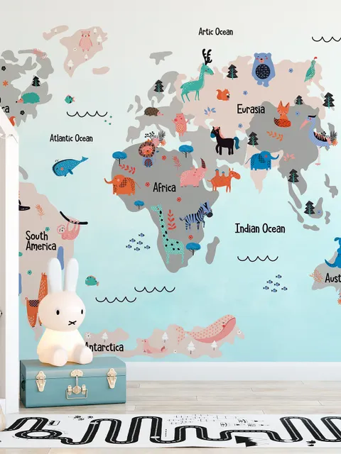 Kids World Map with Cute Animals Wallpaper Mural