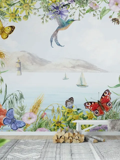 Sea View with Garden Flowers Wallpaper Mural