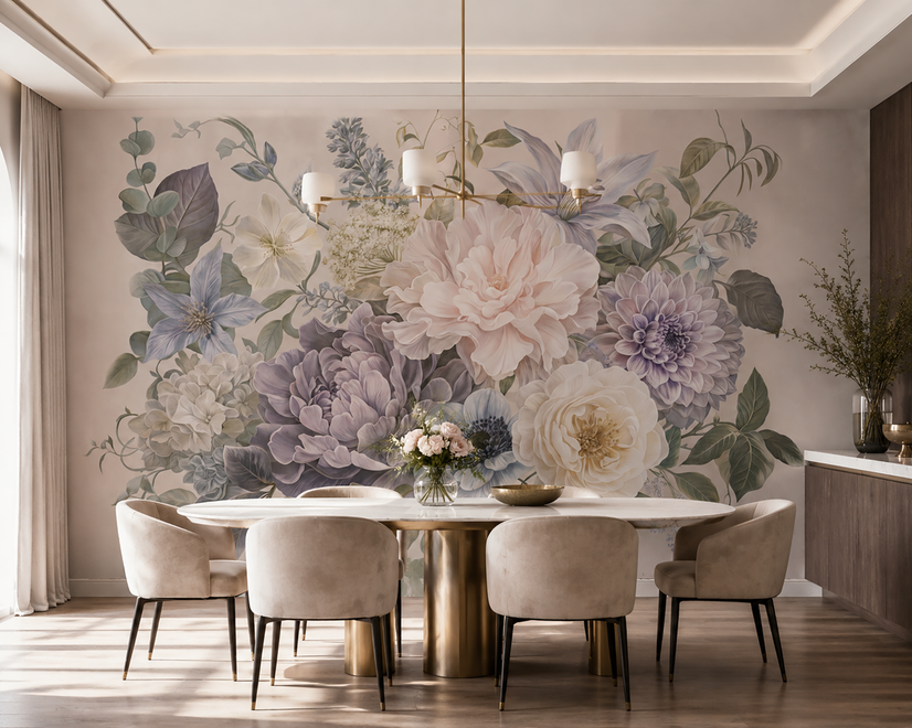Elegant Pastel Botanical Flower Bouquet Wallpaper Mural