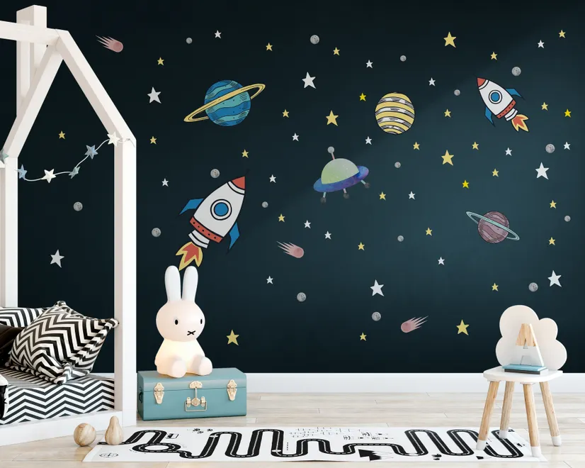 Colorful Space with Little Falling Stars and Planets Wall Decal Sticker