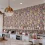 Bold wallpaper for powder room with pop art female faces, pink flowers, black comic panels, mustard, teal and fuchsia details