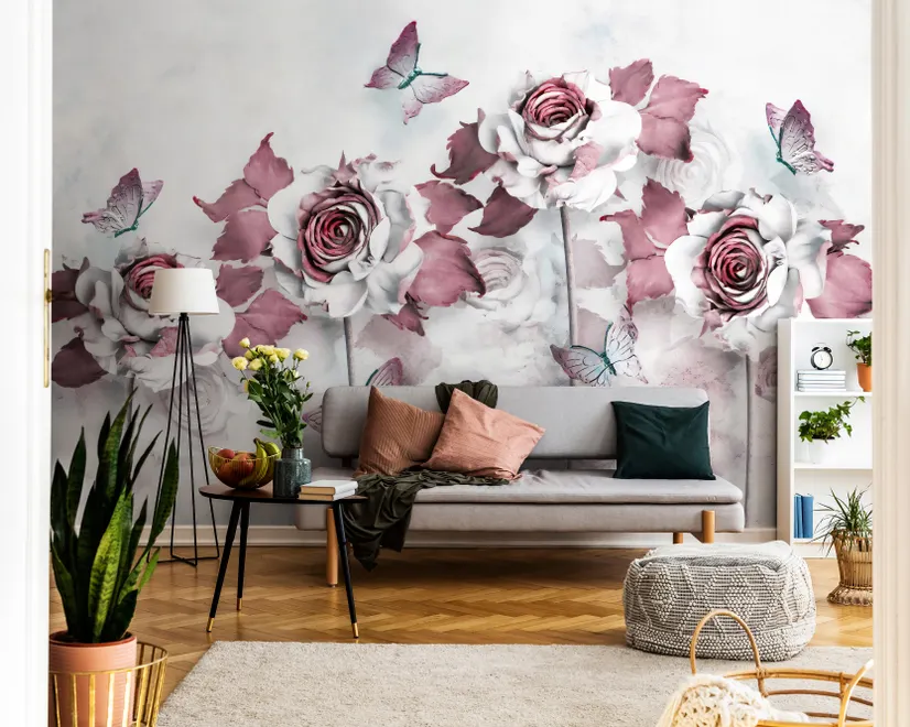 Elegant Floral with Little Butterfly Wallpaper Mural
