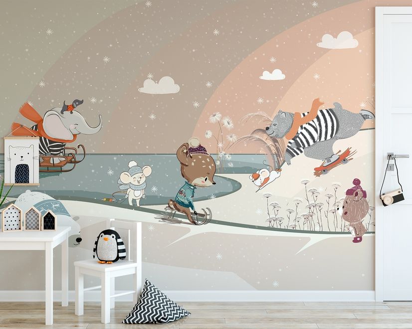 Papier peint panoramique paysage enneigé avec animaux de dessin animé mignons