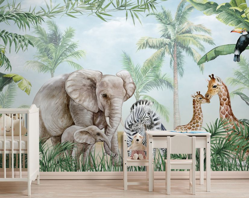 Fototapete Kinder Safari Tiere mit Jungtieren