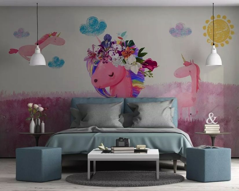 Papier peint panoramique licorne rose dessin animé