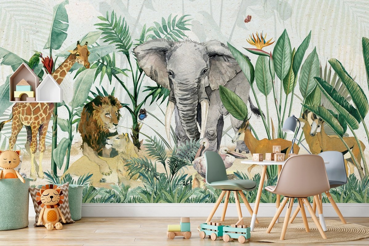 Kids Tropical Safari Animals with Green Leafs Wallpaper Mural - Peel and Stick
