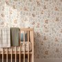 Woodland nursery wallpaper pattern with watercolour fawns, fox cubs, rabbits, teddy bears, birds and ducklings on cream