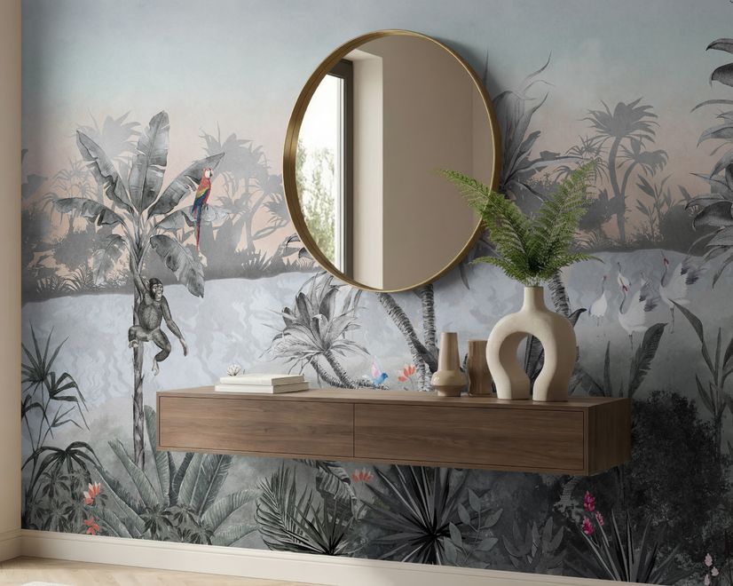 Papier peint perroquet coloré singe mignon forêt douce