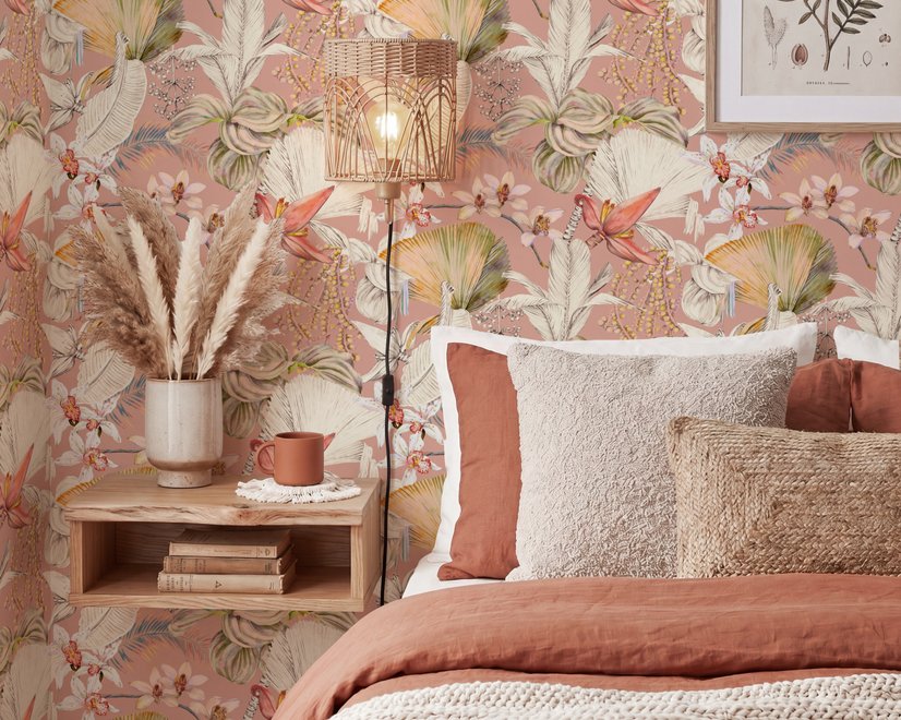 Pink tropical wallpaper with ivory fan palms, orchids, coral blossoms and sage foliage on dusty rose