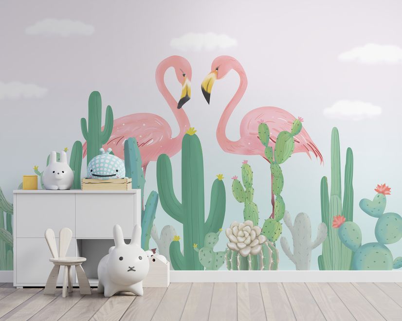 Flamingo Couple with Cactus Wallpaper Mural