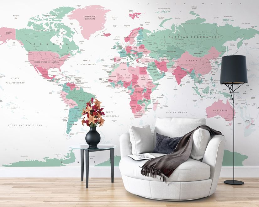 Pink and Green Political World Map Wallpaper Mural