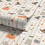 Cute autumn wallpaper with white ghosts, orange pumpkins, black bats and sage striped background