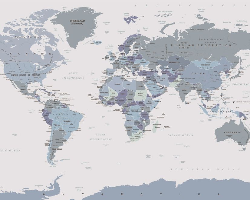 White and Purple Political World Map Wallpaper Mural