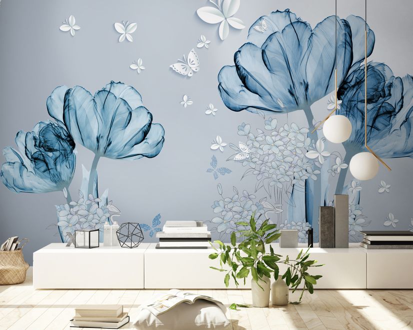 Blaue Transparente Blumen und Weiße Schmetterlinge Fototapete