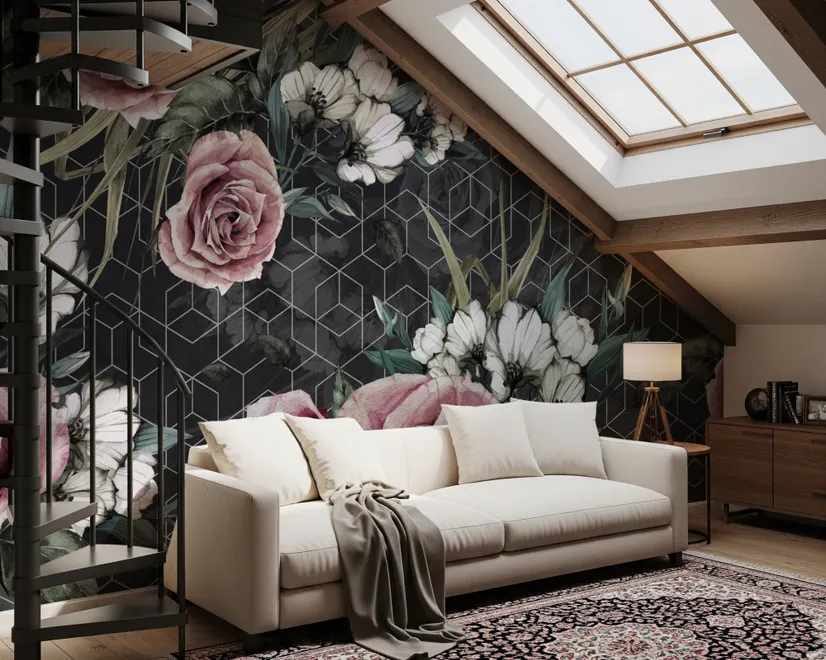 Colorful Floral with Dark Geometric Pattern Wallpaper Mural