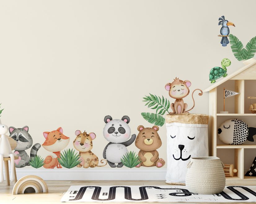 Kids Cute Animals with Banana Leaves Wall Decal Sticker