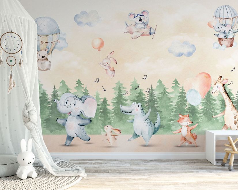 Kids Cute Animals Dancing in the Forest Wallpaper Mural