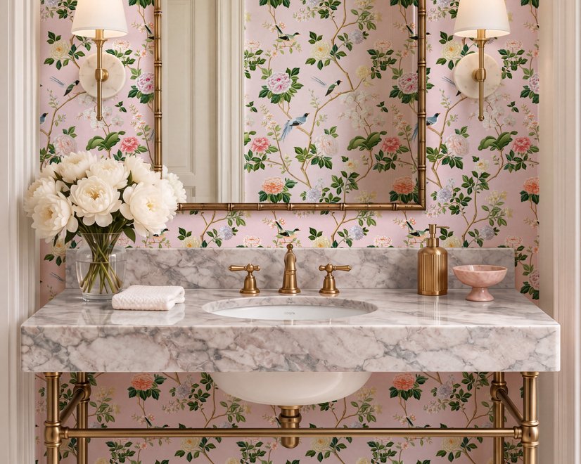 Cute pink wallpaper with birds, tan branches, green leaves and ivory, coral and lilac flowers.