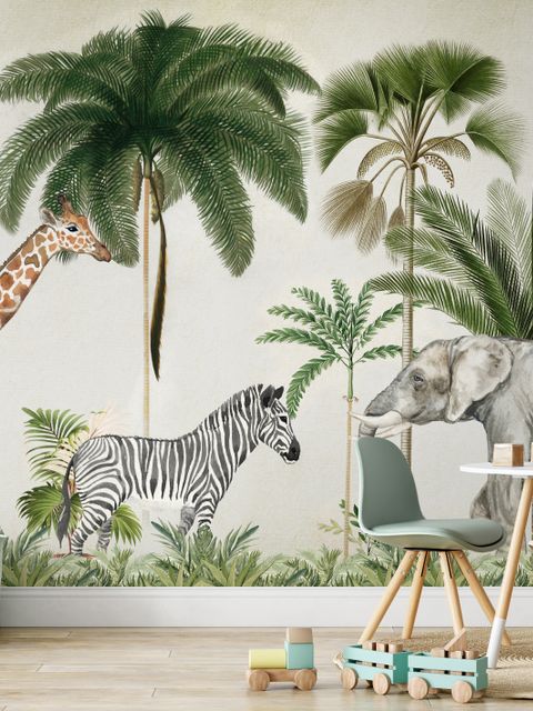 Papier peint animaux tropicaux sauvages avec palmiers pour enfants