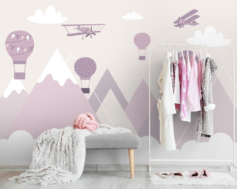 Nursery Mountain Landscape with Hot Air Balloons Wallpaper Mural