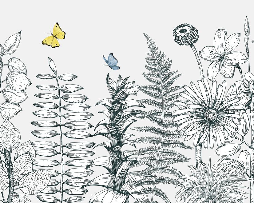Charcoal Leaf and Flower Wallpaper Mural