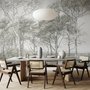 Coastal woodland wallpaper mural with grey trees, sandy path, sea horizon and small white sailboats