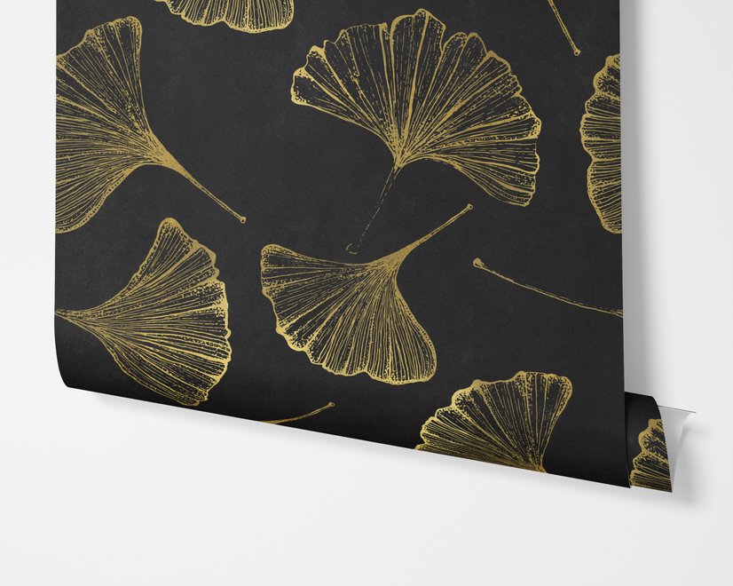 Black wallpaper with antique metallic gold ginkgo leaves on a mottled charcoal ground