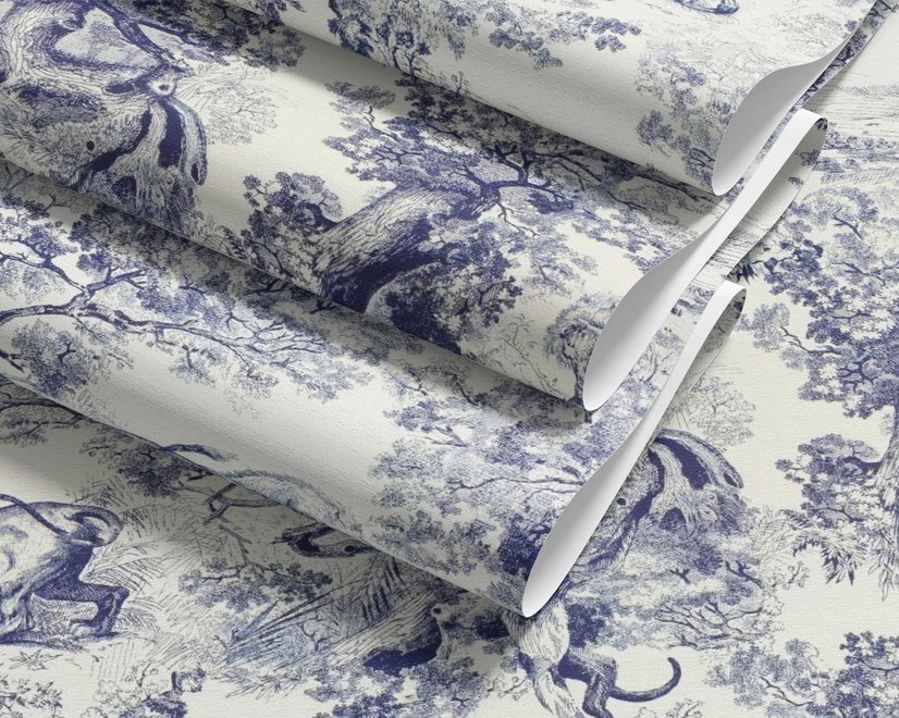 Jungle wallpaper with animals in navy toile, showing tigers, elephants and monkeys on an ivory cream ground