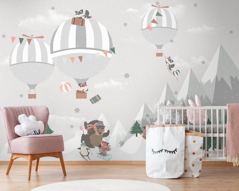 Cute Animals Playing Skate on the Snowy Mountain with Hot Air Balloon Wallpaper Mural