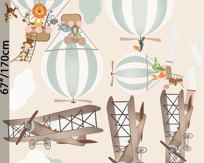 Wandtattoo mit grünen Heißluftballons und braunen Flugzeugen mit Wolken für Kinderzimmer