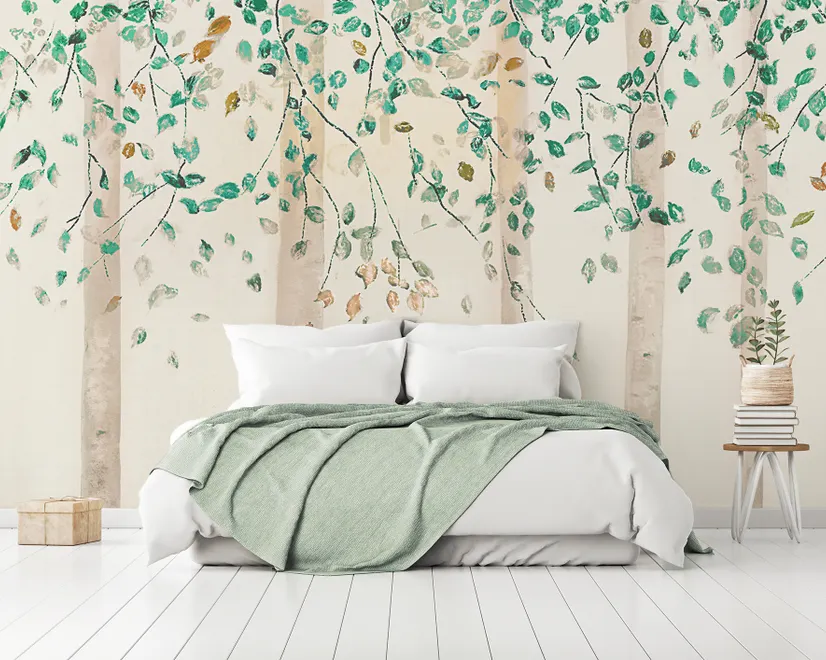 Watercolor Style Forest with Green Brown Little Leaves Wallpaper Mural